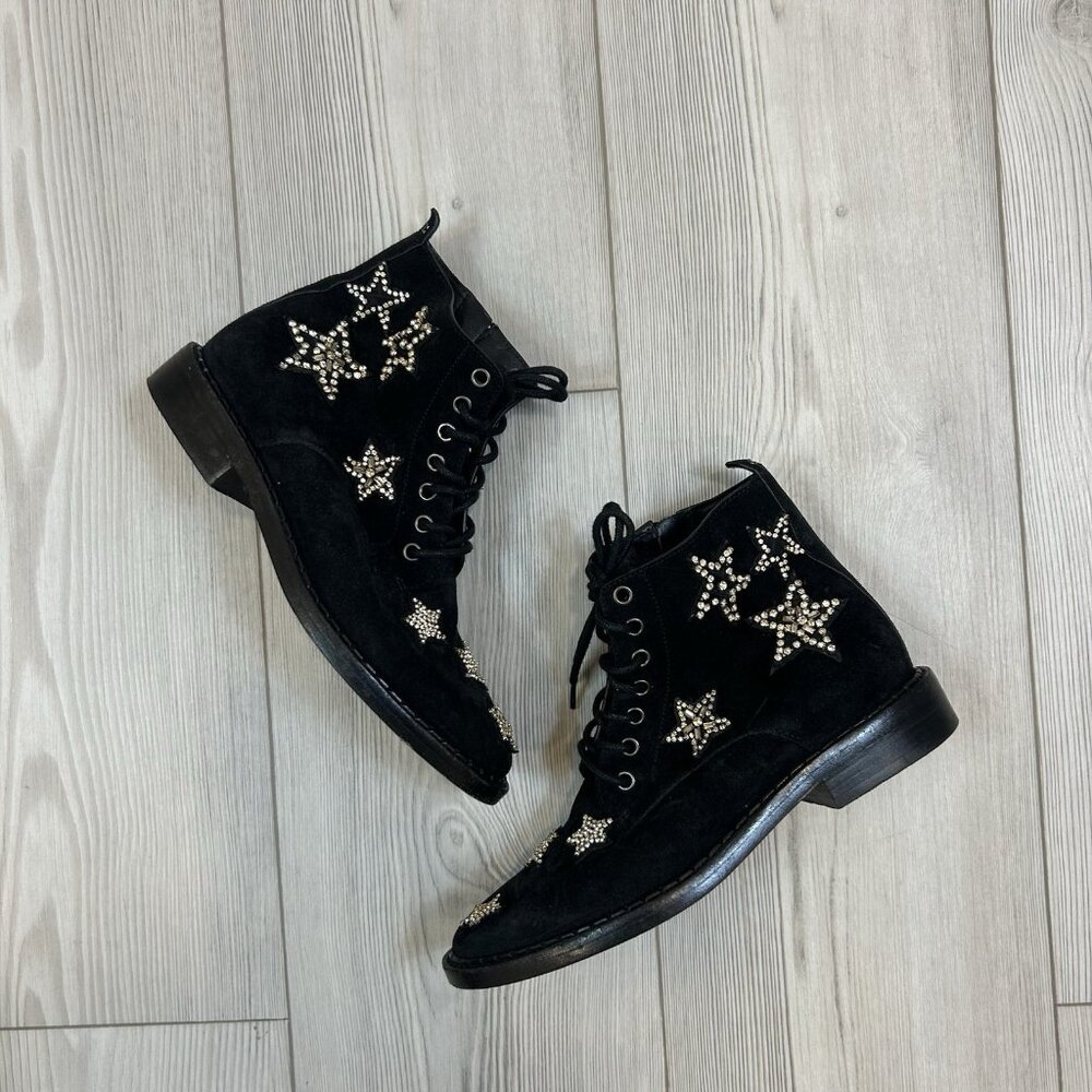 Coach Watts Crytal Star Combat Boot With Side Sipper Black Suede G2313 Size 6